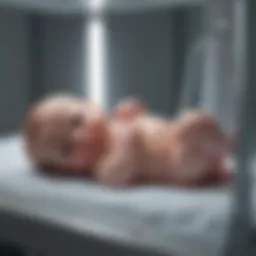 A close-up view of a preterm infant in an incubator, showcasing advanced neonatal care equipment