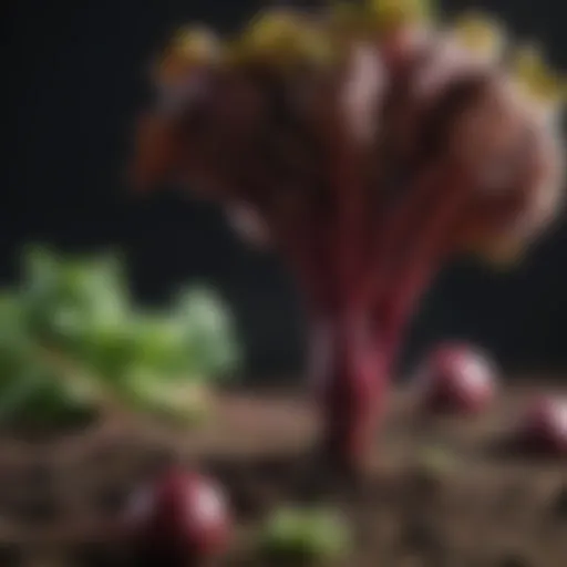 An artistic representation of beetroot roots and leaves showcasing their vibrant colors and textures.