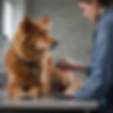 Veterinary professional demonstrating a blood pressure monitoring device on a canine patient