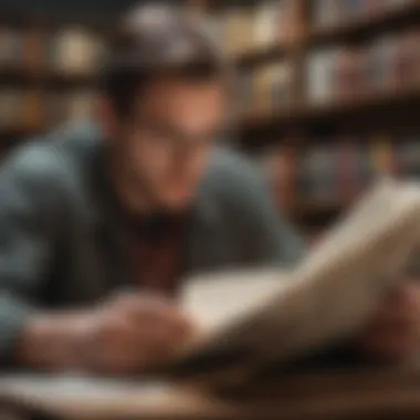 A close-up shot of a researcher reading a geological magazine in a library setting.