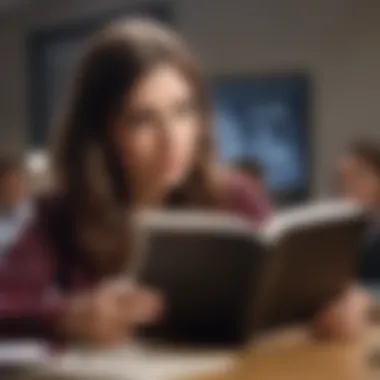 An educator demonstrating the use of a textbook in a classroom environment