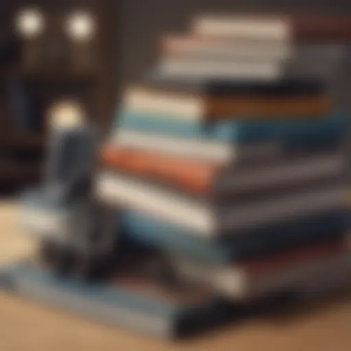 A stack of textbooks with modern digital devices in an educational setting