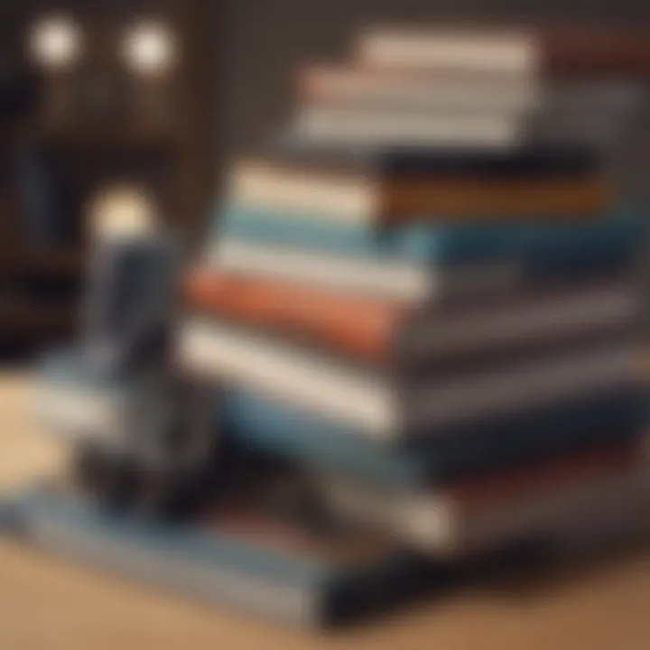 A stack of textbooks with modern digital devices in an educational setting