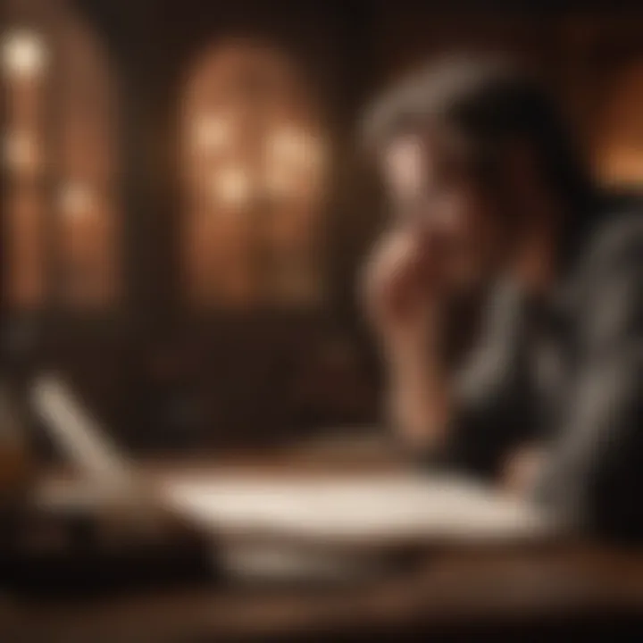 A thoughtful individual contemplating over a manuscript