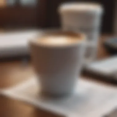 A close-up of a typed document with a coffee cup beside it