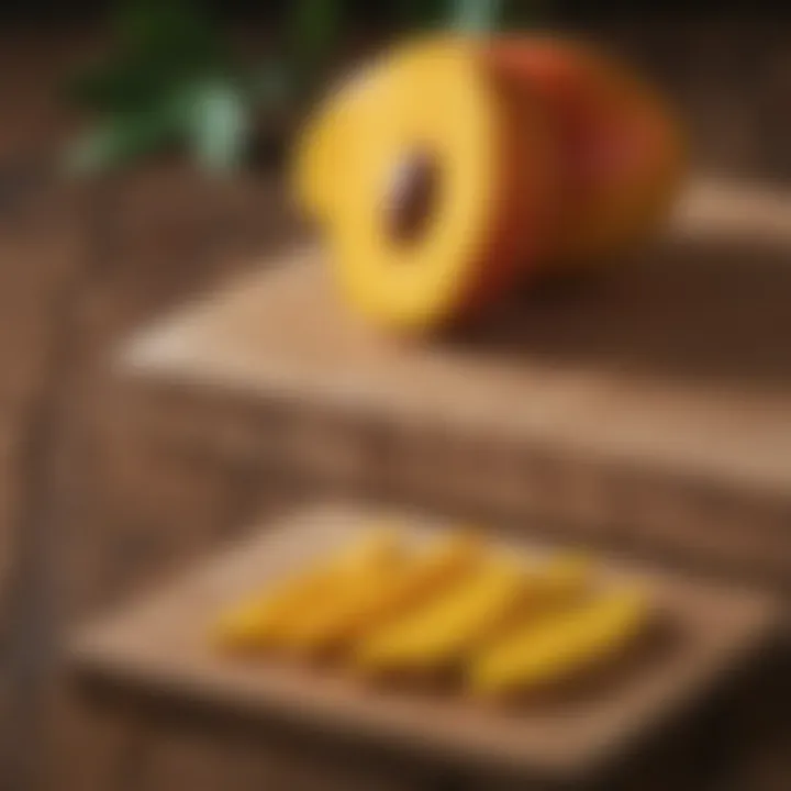 Mango slices arranged elegantly on a wooden board
