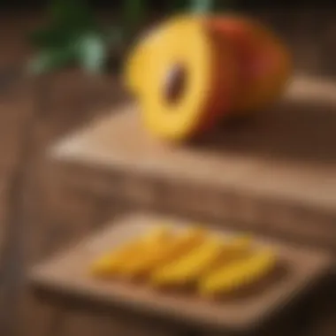 Sliced Delight: The Versatile Mango Mango slices arranged elegantly on a wooden board