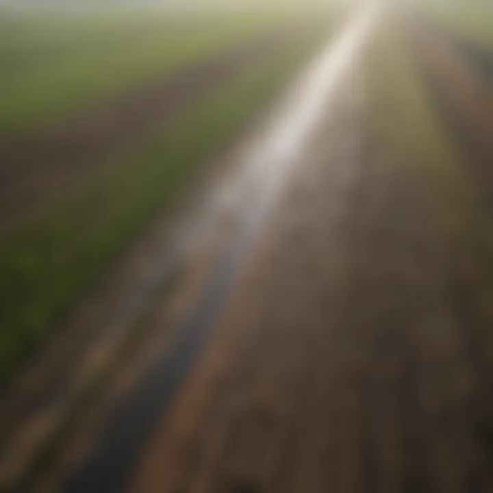 Aerial view of farmland with visible chemical runoff patterns