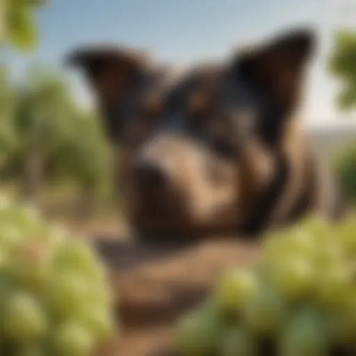 An illustration showing a dog looking worried with a bunch of grapes nearby.