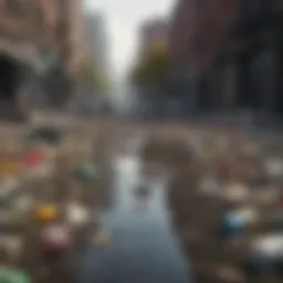 A polluted urban park littered with trash and debris