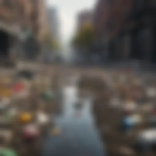 A polluted urban park littered with trash and debris