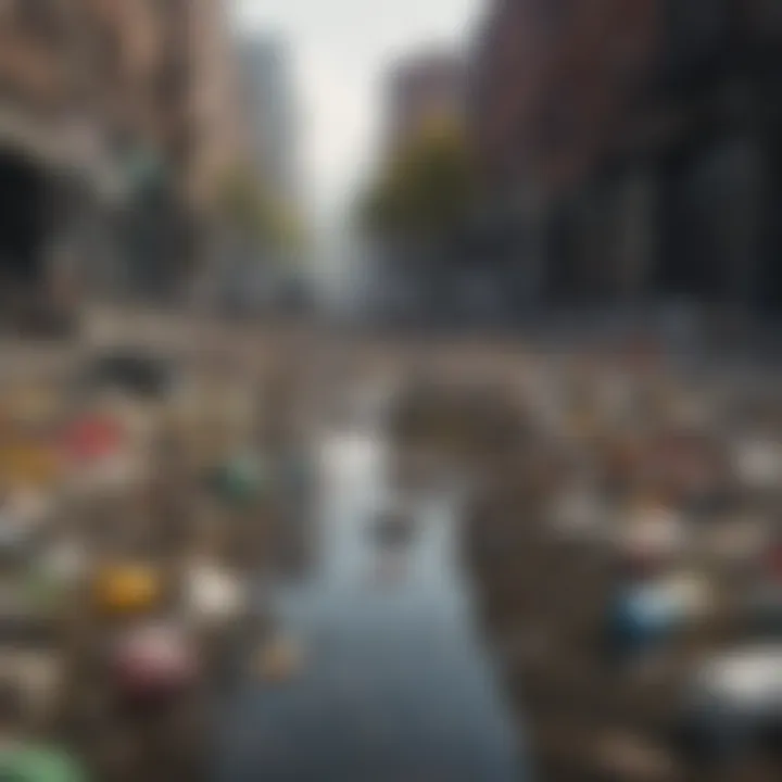 A polluted urban park littered with trash and debris