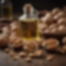 A bottle of walnut oil with walnuts in the background