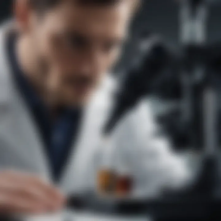 A laboratory technician analyzing serum samples under a microscope with high-tech equipment.