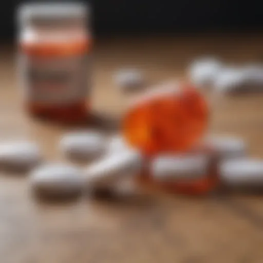 Close-up of ibuprofen tablets on a wooden surface