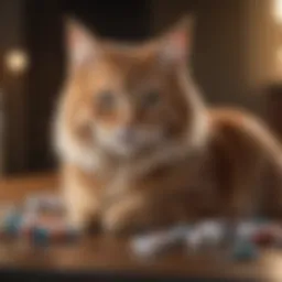 A close-up of a cat sitting beside its medication