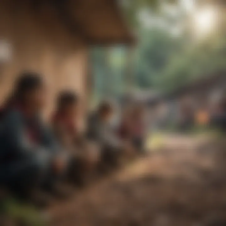 A group of children engaged in learning under a makeshift shelter, highlighting educational challenges.